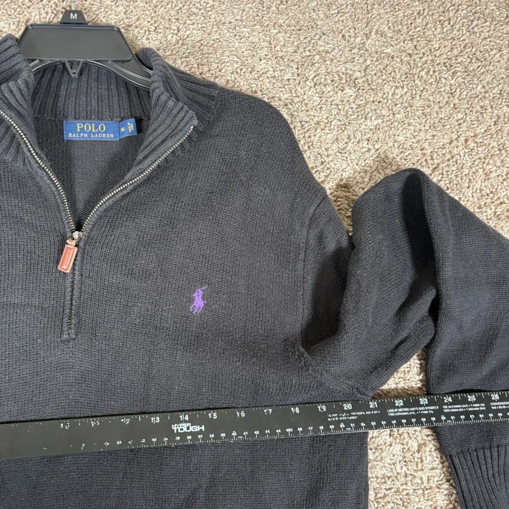 Polo Ralph Lauren Mens Black Cotton Quarter Zip Sweater Purple Pony Size M